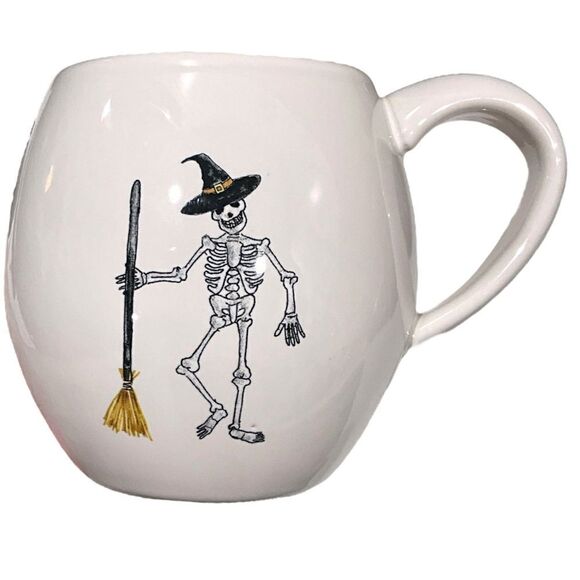 RAE DUNN Halloween Mugs Set of 2 Candy Corn Broom Witch Skeleton Pumpkin Head - Picture 3 of 9